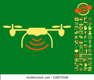 Radio Transmitter Airdrone pictograph with bonus calendar and time service graphic icons. Vector illustration style is flat iconic symbols, orange and yellow colors, green background.