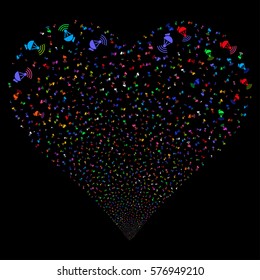 Radio Transmitter fireworks with heart shape. Vector illustration style is flat bright multicolored iconic symbols on a black background. Object heart created from scattered icons.