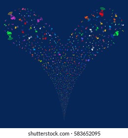 Radio Transmitter fireworks stream. Vector illustration style is flat bright multicolored iconic symbols on a blue background. Object double fountain done from random icons.