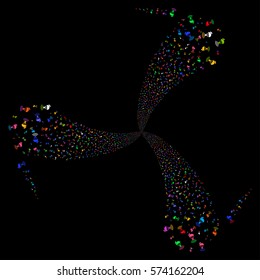 Radio Transmitter fireworks swirl rotation. Vector illustration style is flat bright multicolored iconic symbols on a black background. Object whirl organized from random icons.