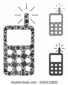 Radio transmitter radiation composition of humpy pieces in various sizes and color tinges, based on radio transmitter radiation icon. Vector unequal pieces are combined into collage.