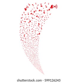 Radio Transmitter random fireworks stream. Vector illustration style is flat red iconic symbols on a white background. Object fountain made from scattered icons.