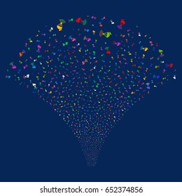 Radio Transmitter salute stream. Vector illustration style is flat bright multicolored iconic symbols on a blue background. Object source fountain made from random icons.
