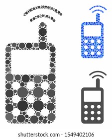 Radio transmitter signal composition of round dots in different sizes and color tinges, based on radio transmitter signal icon. Vector round dots are united into blue composition.