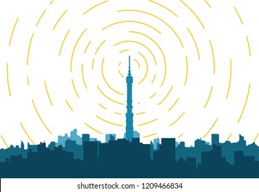 Radio transmitter. Tower with tv signal transmitter. City with buildings and skyscrapers on background. Flat style line vector illustration. Business city center with modern houses an radio tower. 