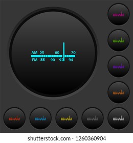 Radio tuner dark push buttons with vivid color icons on dark grey background