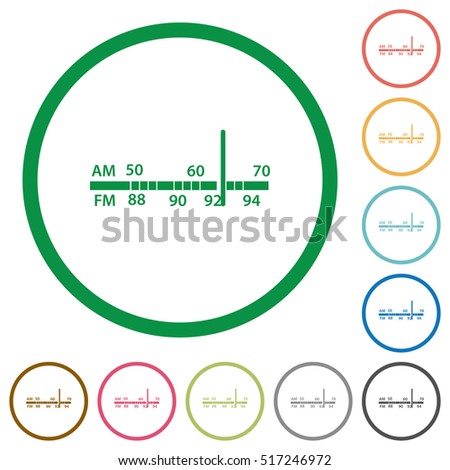Radio tuner flat color icons in round outlines