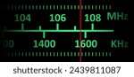 Radio tuner frequency tuning. Analoog dashboard inscription, control panel. Radio receiver tuner dial scale. Old hi-fi Stereo or mono tuner FM AM band. Radio frequency scales. Radio station signal.