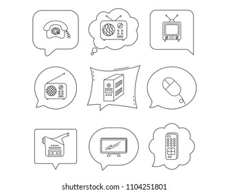 Radio, TV remote and video camera icons. Retro phone, PC case and mouse linear signs. Linear Speech bubbles with icons set. Comic chat balloon. Vector