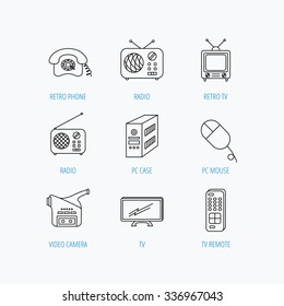 Radio, TV remote and video camera icons. Retro phone, PC case and mouse linear signs. Linear set icons on white background.