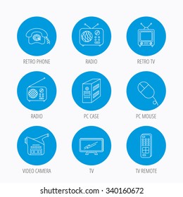 Radio, TV remote and video camera icons. Retro phone, PC case and mouse linear signs. Blue circle buttons set. Linear icons.