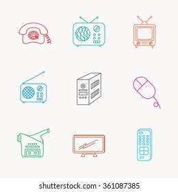 Radio, TV remote and video camera icons. Retro phone, PC case and mouse linear signs. Linear colored icons.