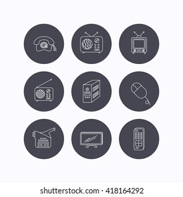 Radio, TV remote and video camera icons. Retro phone, PC case and mouse linear signs. Flat icons in circle buttons on white background. Vector