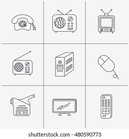 Radio, TV remote and video camera icons. Retro phone, PC case and mouse linear signs. Linear icons on white background. Vector