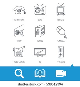 Radio, TV Remote And Video Camera Icons. Retro Phone, PC Case And Mouse Linear Signs. Video Cam, Book And Magnifier Search Icons. Vector