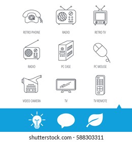 Radio, TV remote and video camera icons. Retro phone, PC case and mouse linear signs. Light bulb, speech bubble and leaf web icons. Vector