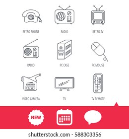 Radio, TV remote and video camera icons. Retro phone, PC case and mouse linear signs. New tag, speech bubble and calendar web icons. Vector