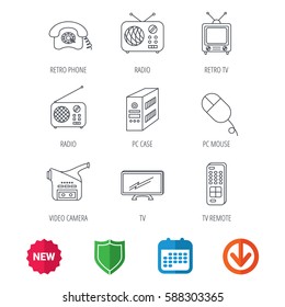 Radio, TV remote and video camera icons. Retro phone, PC case and mouse linear signs. New tag, shield and calendar web icons. Download arrow. Vector
