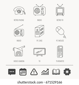 Radio, TV Remote And Video Camera Icons. Retro Phone, PC Case And Mouse Linear Signs. Education Book, Graph Chart And Chat Signs. Attention, Calendar And Cogwheel Web Icons. Vector