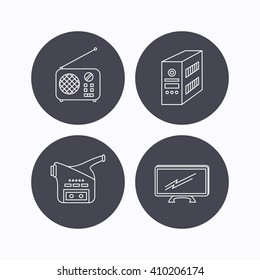 Radio, TV and video camera icons. PC case linear sign. Flat icons in circle buttons on white background. Vector