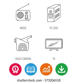 Radio, TV And Video Camera Icons. PC Case Linear Sign. Award Medal, Growth Chart And Opened Book Web Icons. Download Arrow. Vector