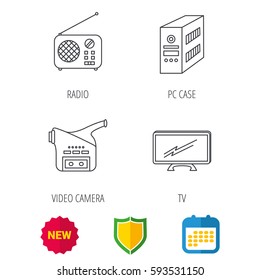 Radio, TV and video camera icons. PC case linear sign. Shield protection, calendar and new tag web icons. Vector