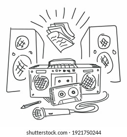 Radio with two sound system, mic paper and pencil