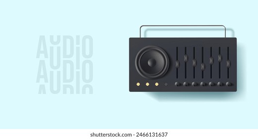 Radio vector 3d illustration. Retro music speaker box render. Vintage old dance fm broadcast boombox. Sound mixer and equalizer concept. Decibel tuner for melody listen or portable audio system.