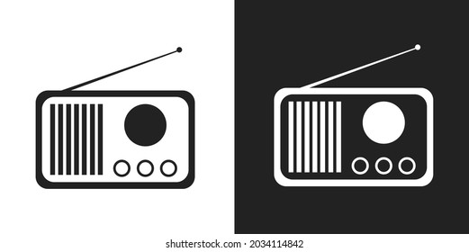 Radio vector icon on white and black background. 90s.