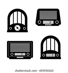 Radio vector icons on white background, black retro radio