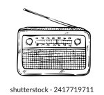 Radio vector illustration. Hand drawn linear drawing of FM tuner painted by black inks. Sketch of old retro media equipment in outline style. Engraving of sound receiver for broadcast. Monochrome etch