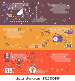Radio vector web banner template set. Radio station music news broadcasting thin line art flat icons.