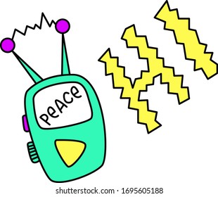 Radio, Walkie, Space Transmitter In Cartoon Sketch Style. Initial Contact. Design Element On The Theme Of UFO, Cosmos, Aliens. Hand Drawn Doodle Vector Illustration