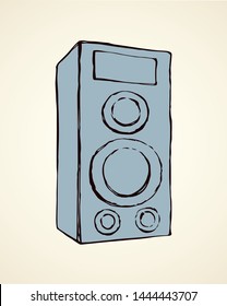 Radio watt big round sub treble tweeters hifi cabinet isolated on white background. Outline black ink hand drawn hi-fi soundbar logo emblem sketch in art retro engraving silhouette style on text space