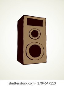 Radio watt round gray sub treble tweeters hifi cabinet logo isolated on white background. Black ink hand drawn hi-fi soundbar pictogram emblem sketch in art retro cartoon style with space for text