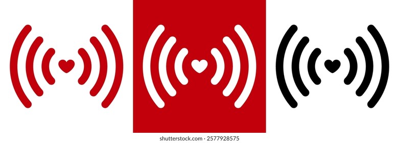 Radio wave icon with heart in the centre. Radio wave signal with heart - Symbol of connection, love and communication, minimalistic icon on red, white and black background.