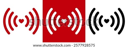 Radio wave icon with heart in the centre. Radio wave signal with heart - Symbol of connection, love and communication, minimalistic icon on red, white and black background.