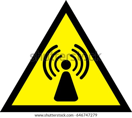 Radio waves hazard warning yellow sign. Vector illustration. 
