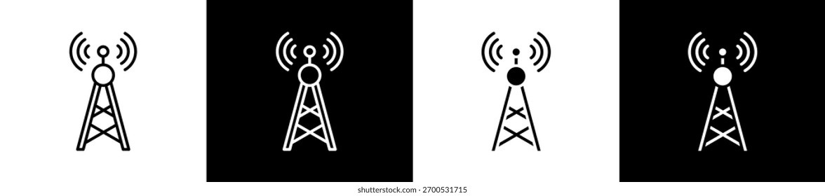 Radiowellen-Symbol in Linien- und Glyphenstil auf schwarz-weißem Hintergrund