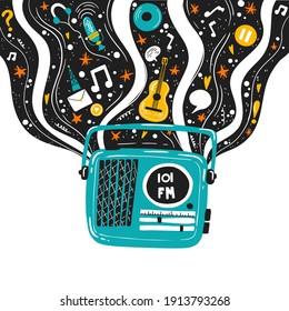 Radio world day. Radio podacsts and online education. Radio, waves, microphone, records and headphones.