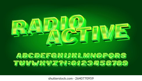 Radioactive alphabet font. Green neon 80s style letters and numbers. Abstract polygonal background. Stock vector typeface for your design.