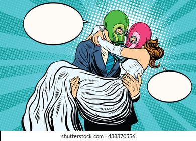 Radioactive Apocalypse wedding bride and groom pop art retro vector. A man carries a woman on his hands. couple love