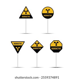 Radioactive area road sign with a silver pole is isolated on a white background. Atomic, nuclear, and radioactive zone billboard design. Radiation hazard and nuclear icon vector for traffic sign.