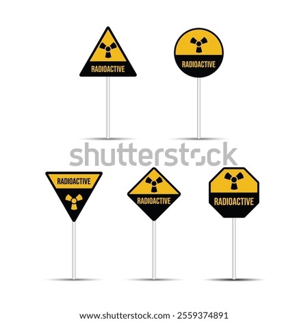 Radioactive area road sign with a silver pole is isolated on a white background. Atomic, nuclear, and radioactive zone billboard design. Radiation hazard and nuclear icon vector for traffic sign.