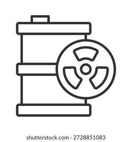 Ícone de barril radioativo no projeto da linha. resíduos nucleares, barril tóxico, perigo no vetor de fundo branco. Ícone de risco de traçado editável