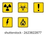 radioactive, biohazard, caution, flammable, high voltage sign. warning sign in laboratory. warning sign on yellow square board.