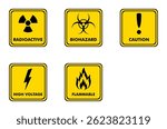 radioactive, biohazard, caution, flammable, high voltage sign. warning sign in laboratory. warning sign on yellow square board with text.