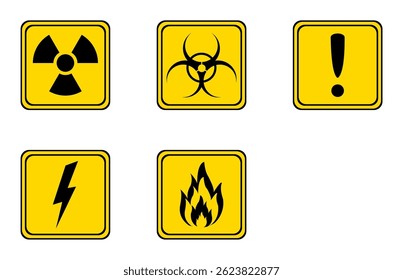 radioactive, biohazard, caution, flammable, high voltage sign. warning sign in laboratory. warning sign on yellow square board.
