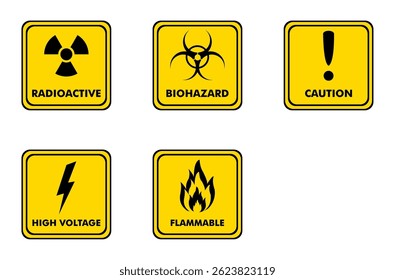 radioactive, biohazard, caution, flammable, high voltage sign. warning sign in laboratory. warning sign on yellow square board with text.