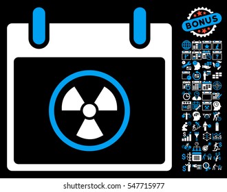 Radioactive Calendar Day icon with bonus calendar and time management pictograms. Vector illustration style is flat iconic symbols, blue and white, black background.
